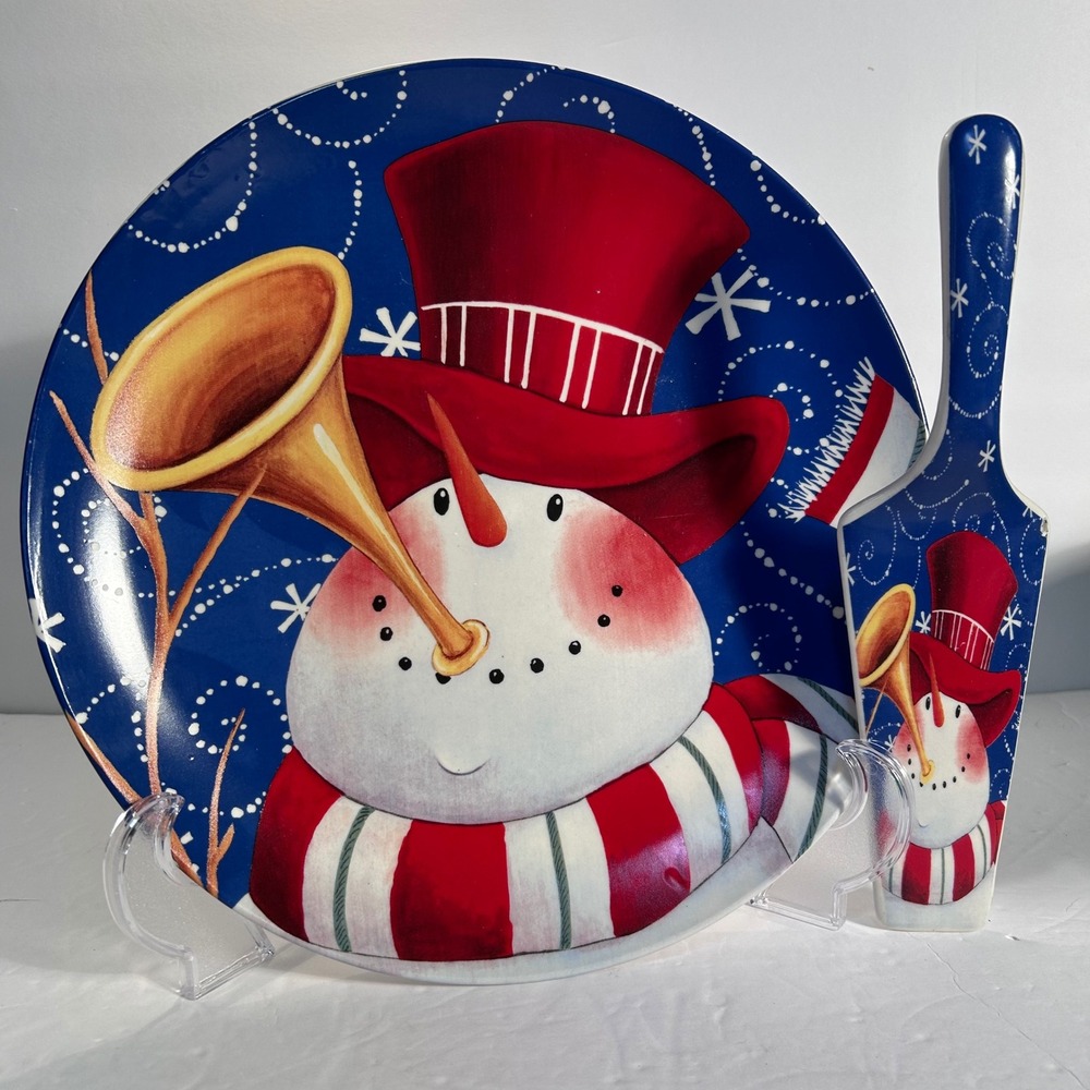 Red Hat Snowman Cake Plate Platter & Server Set Ceramic Holiday Hostess 11"